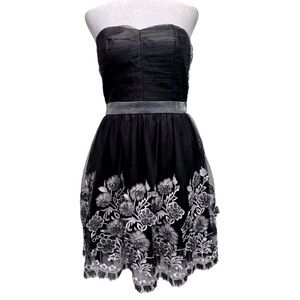 Black Mesh Overlay Silver Metallic Embroidered 3D Flowers Formal Party Dress
